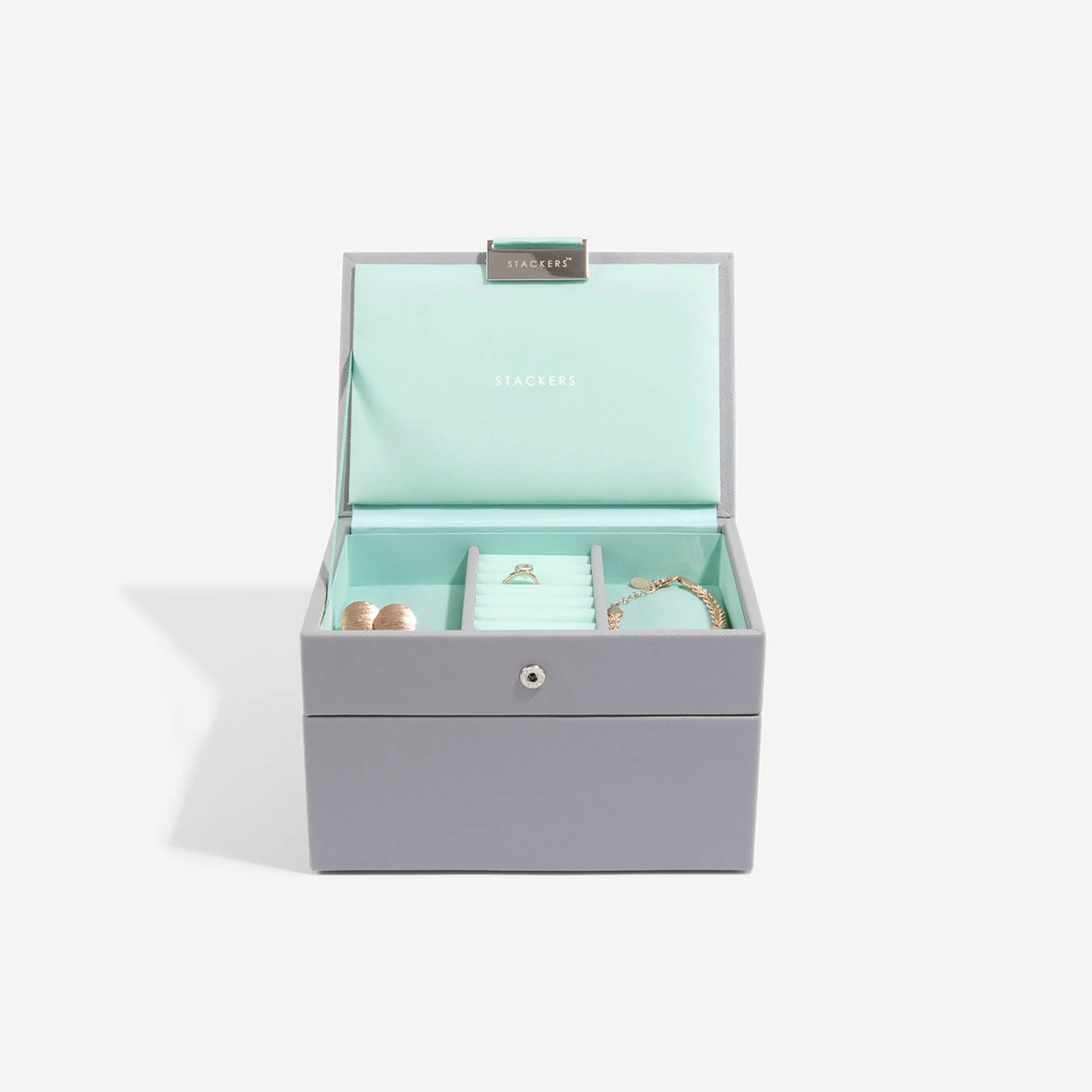 【美品】スタッカーズ　STACKERS ジュエリーボックス　グレー×ミント　4段 Grey Mint Mini Jewellery Box – STACKERS LONDON